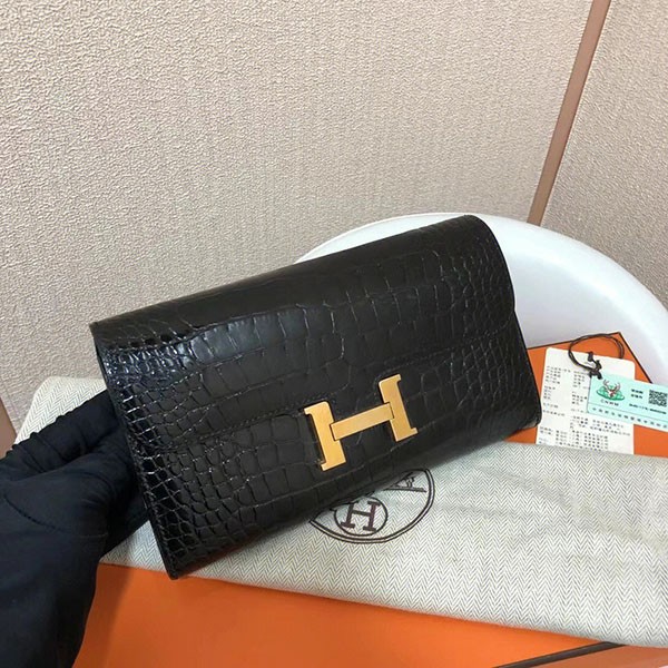エルメス コンスタンス ロング ウォレット アリゲーター ブラック ゴールド金具 ノワール 長財布