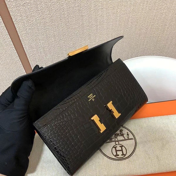 エルメス コンスタンス ロング ウォレット アリゲーター ブラック ゴールド金具 ノワール 長財布