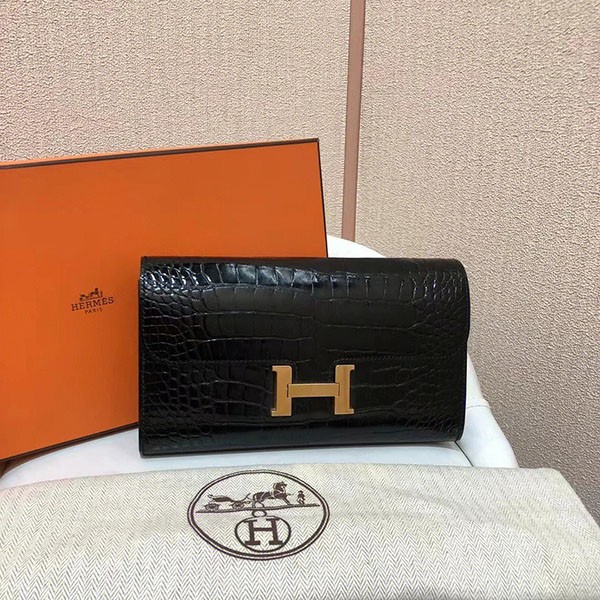 エルメス コンスタンス ロング ウォレット アリゲーター ブラック ゴールド金具 ノワール 長財布