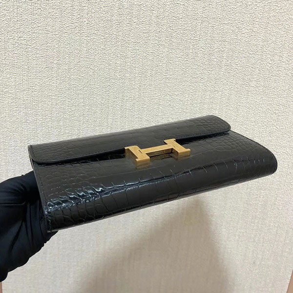 エルメス コンスタンス ロング ウォレット アリゲーター ブラック ゴールド金具 ノワール 長財布