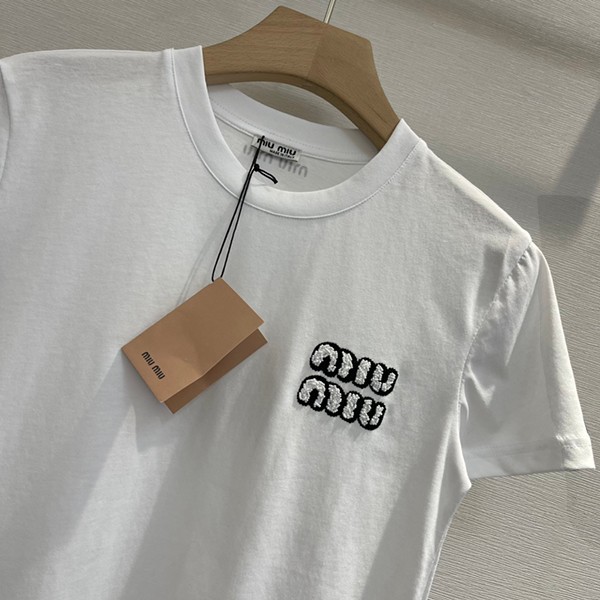ミュウミュウ ロゴ クリスタル キラキラ Tシャツ 半袖 偽物 myi35470