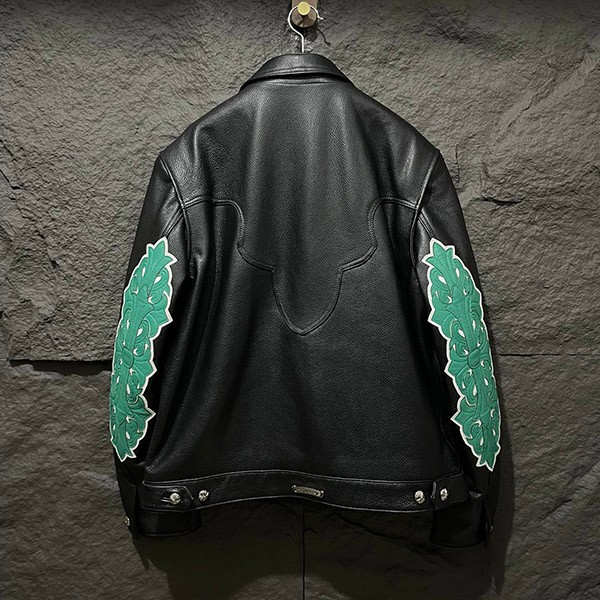 クロムハーツ 偽物 フローラルクロス レザージャケット Blk×Grn Kue10837
