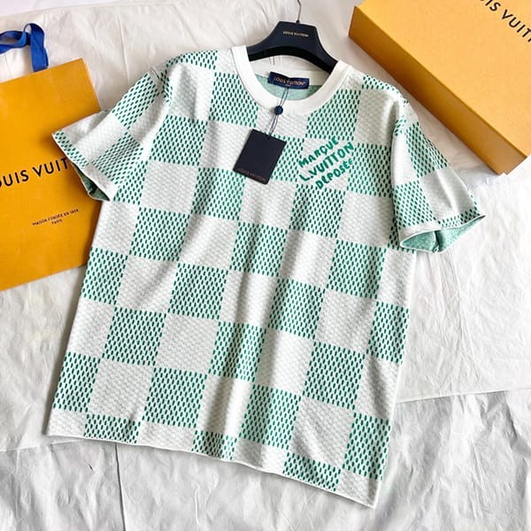 ★安心ルイヴィトン 半袖 トップス Tシャツ パロディ ダミエ ニット 緑白 1AFIX4