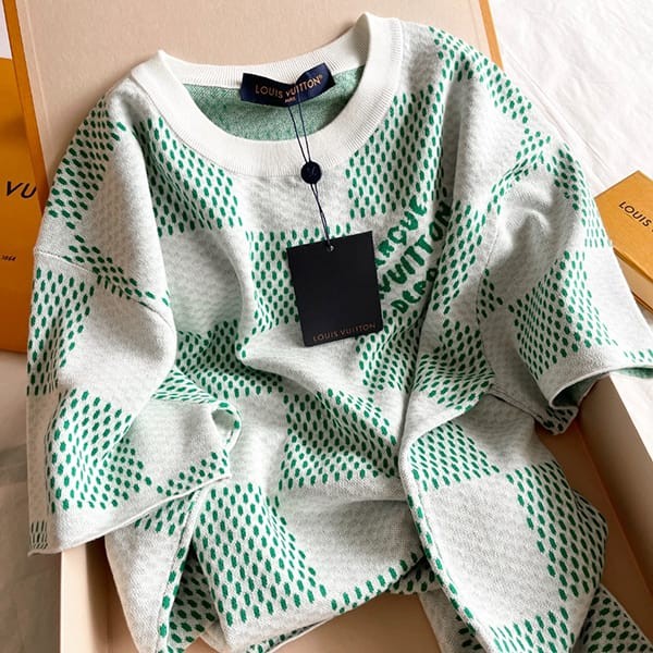 ★安心ルイヴィトン 半袖 トップス Tシャツ パロディ ダミエ ニット 緑白 1AFIX4