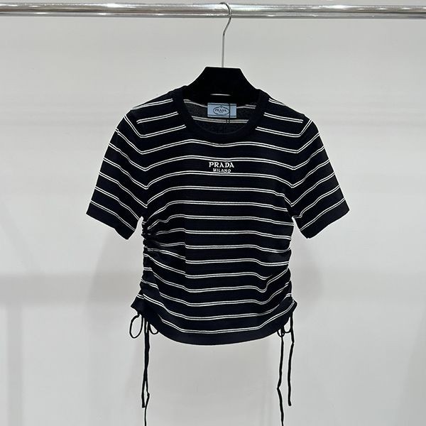 絶対欲しい!プラダ リブ ニット 半袖 Tシャツ 偽物ブラック&ホワイト pux66985