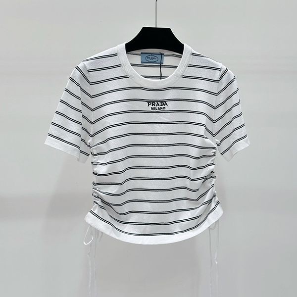 絶対欲しい!プラダ リブ ニット 半袖 Tシャツ 偽物ブラック&ホワイト pux66985