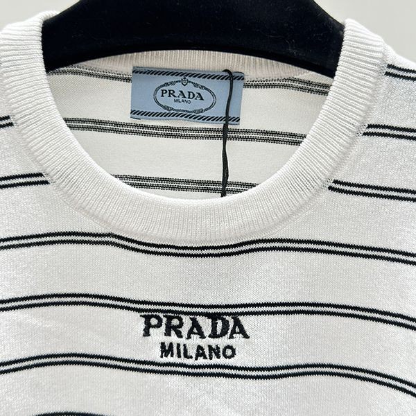 絶対欲しい!プラダ リブ ニット 半袖 Tシャツ 偽物ブラック&ホワイト pux66985
