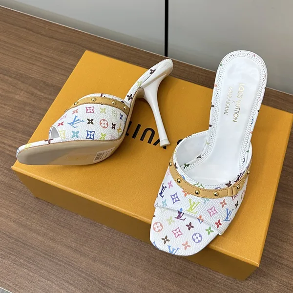 速達発送コラボ LV × 村上隆 カラフルモノグラム ミュールサンダル 6AM フェイク 1AGWTE