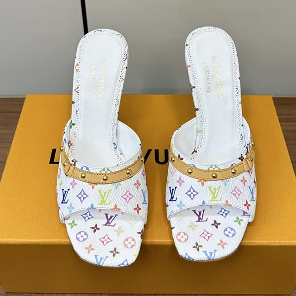 速達発送コラボ LV × 村上隆 カラフルモノグラム ミュールサンダル 6AM フェイク 1AGWTE