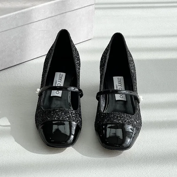 すぐ届くジミーチュウ フェイク ブラック レザー グリッター パンプス jil93629