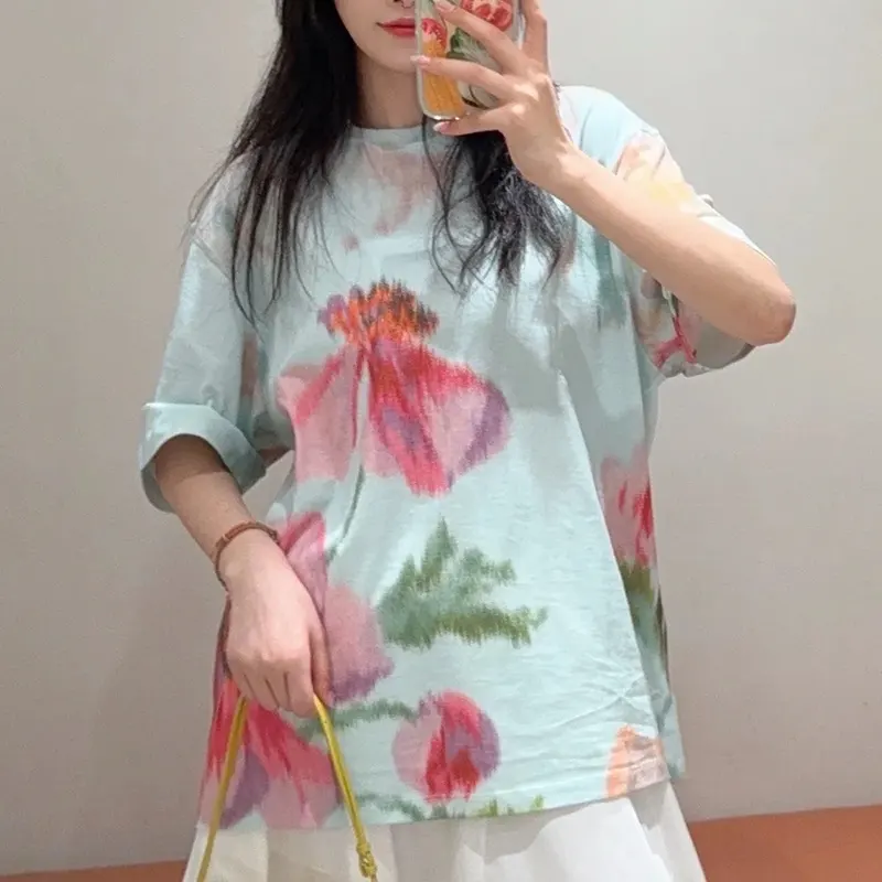 ロエベ☆ルーズフィット Tシャツ コットン フローラル パロディ