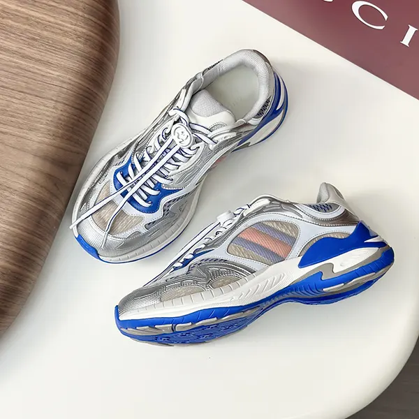 希少 グッチ 2.0 メンズ スニーカー バリエーション グレー&ブルー メッシュ&レザー guh91496