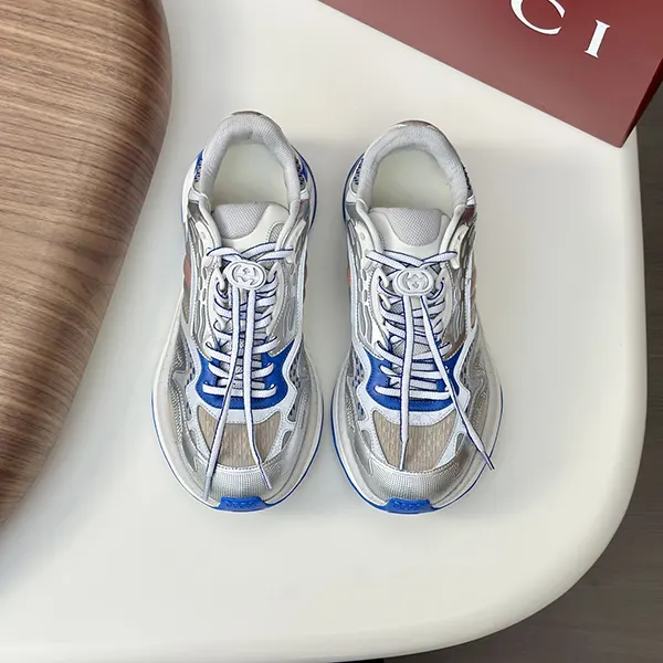 希少 グッチ 2.0 メンズ スニーカー バリエーション グレー&ブルー メッシュ&レザー guh91496