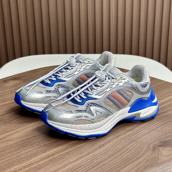 希少 グッチ 2.0 メンズ スニーカー バリエーション グレー&ブルー メッシュ&レザー guh91496