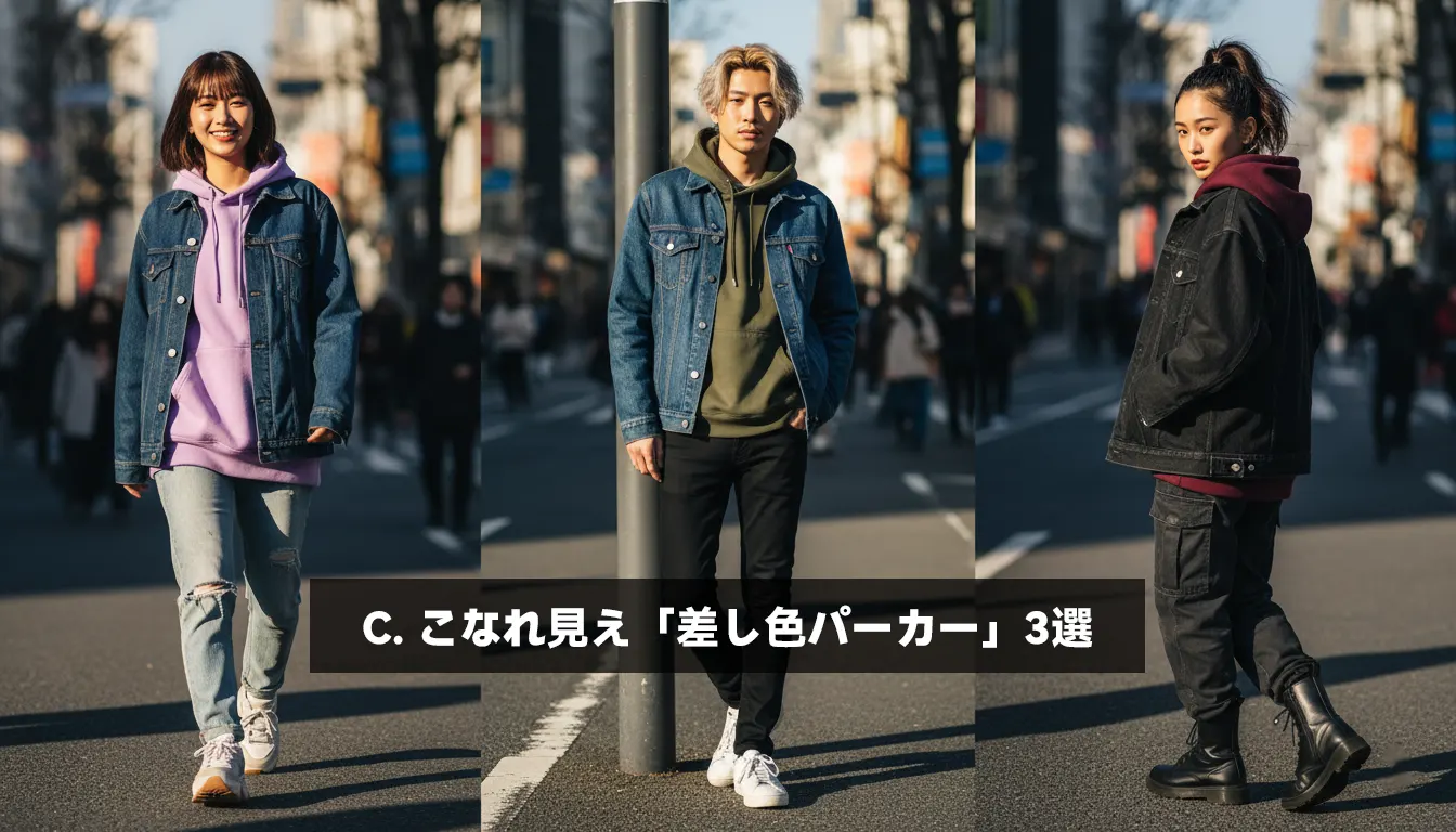 C. こなれ見え「差し色パーカー」3選