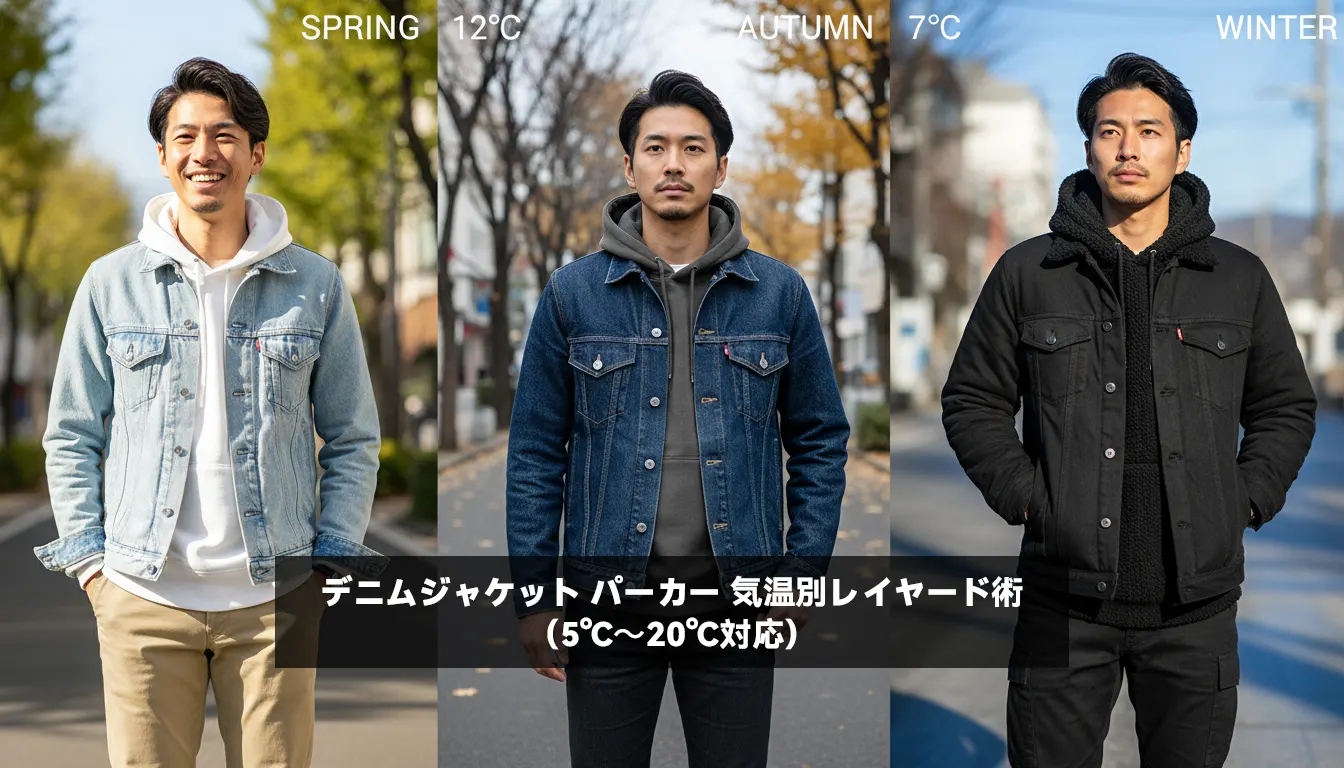 デニムジャケット パーカー 気温別レイヤード術（5℃〜20℃対応）