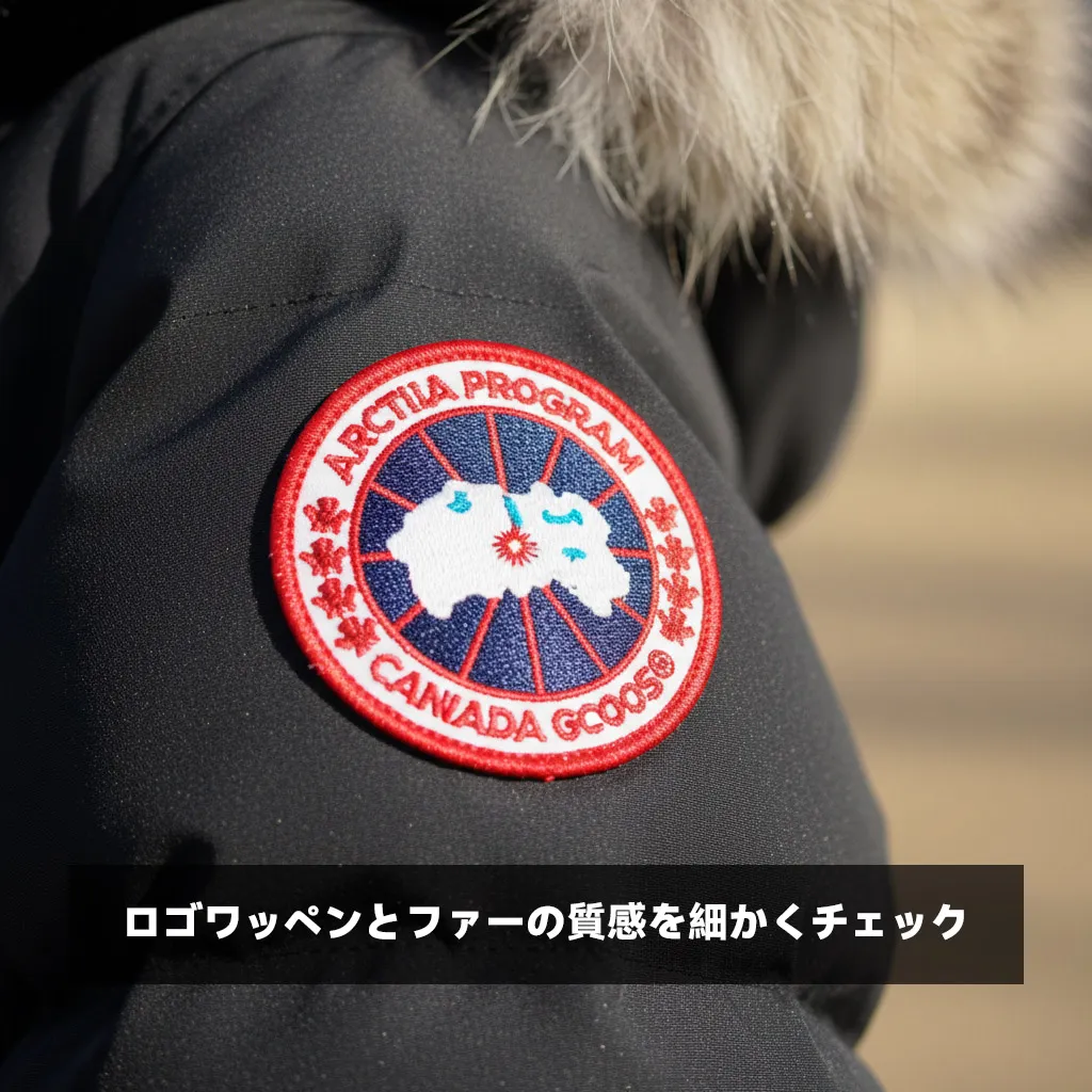 ロゴワッペンとファーの質感を細かくチェック