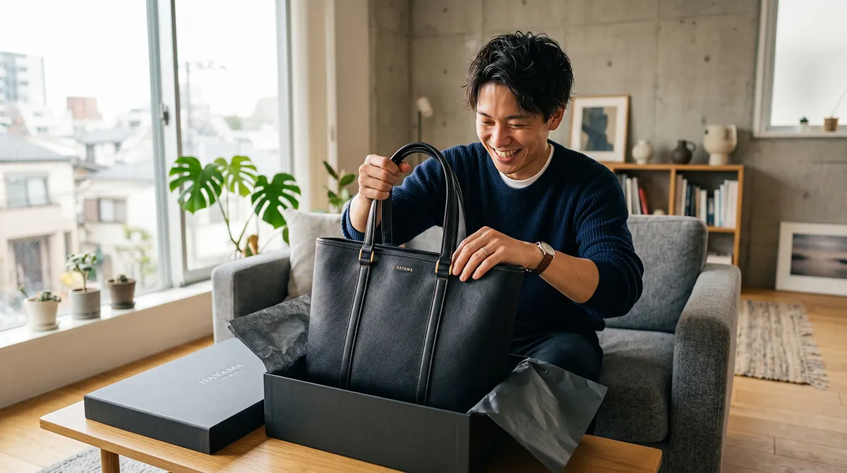 ankopi(アンコピ)で手に入れた芸能人愛用モデル風メンズトートバッグを開封する瞬間。上質なレザーの質感が際立つ2026年最新の購入体験