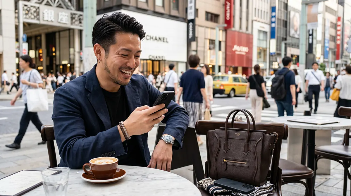 都心のカフェで愛用するankopiのハイブランドメンズトートバッグ。芸能人の私服スタイルを賢く予算内で実現するスマートな選択