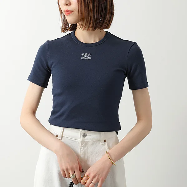 セリーヌ Tシャツ Triomphe トリオンフ RX0IX1407.01MA レディース 半袖 カットソー クルーネック ロゴ 刺繍 リブ編み コットンジャージー カラー2色