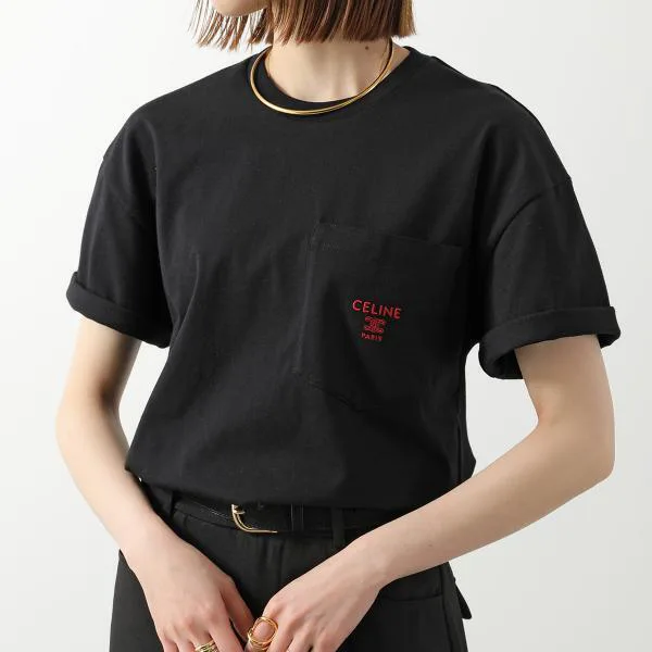 セリーヌ Tシャツ RX0I31242.GDX7 レディース メンズ 半袖 カットソー トリオンフ ロゴT 刺繍 クルーネック コットン 胸ポケット ブラック