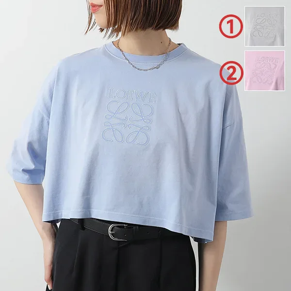 ロエベ Tシャツ S359Y22X84 レディース 半袖 カットソー クロップド丈 アナグラム ロゴT 刺繍 コットン クルーネック カラー3色