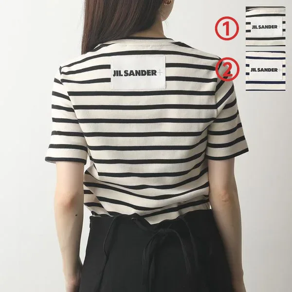 ジルサンダー プラス Tシャツ J40GC0111 J46497 レディース クルーネック 半袖 リブ カットソー コットン ボーダー ロゴパッチ