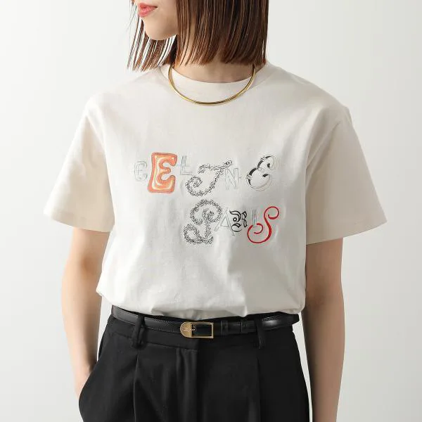 セリーヌ 半袖 Tシャツ RX0IE1242.GGY4 レディース ロゴ 刺繍 クルーネック コットン カットソー クリーム