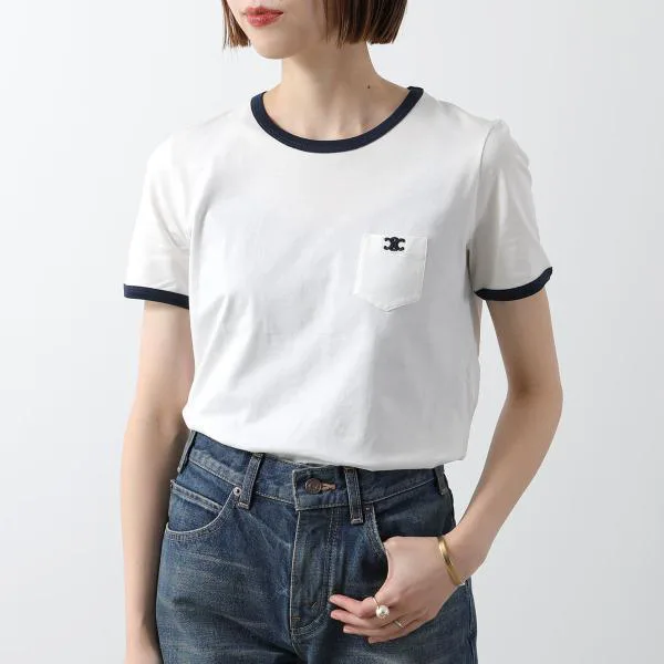 セリーヌ Tシャツ 2X94M671Q.01MA レディース 半袖 クルーネック カットソー トリオンフ刺繍 胸ポケット コットン オフホワイト他