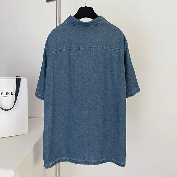セリーヌ デニムシャツ メンズ 半袖 ショートスリーブシャツ コットン トリオンフ刺繍 胸ポケット Cem18233