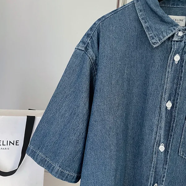 セリーヌ デニムシャツ メンズ 半袖 ショートスリーブシャツ コットン トリオンフ刺繍 胸ポケット Cem18233