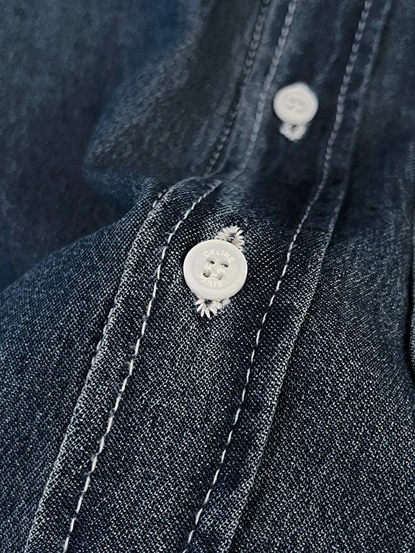 セリーヌ デニムシャツ メンズ 半袖 ショートスリーブシャツ コットン トリオンフ刺繍 胸ポケット Cem18233