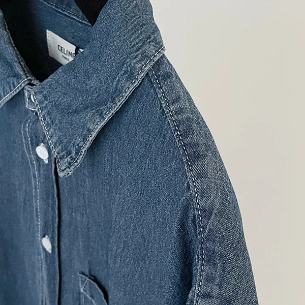 セリーヌ デニムシャツ メンズ 半袖 ショートスリーブシャツ コットン トリオンフ刺繍 胸ポケット Cem18233