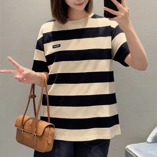 プレゼント最適 ミュウミュウ ボーダー ジャージー Tシャツ コピー ロゴ myj18811