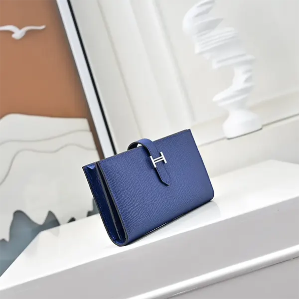 【上品なブルー系】エルメス スーパーコピー ベアンロングウォレット シルバー金具